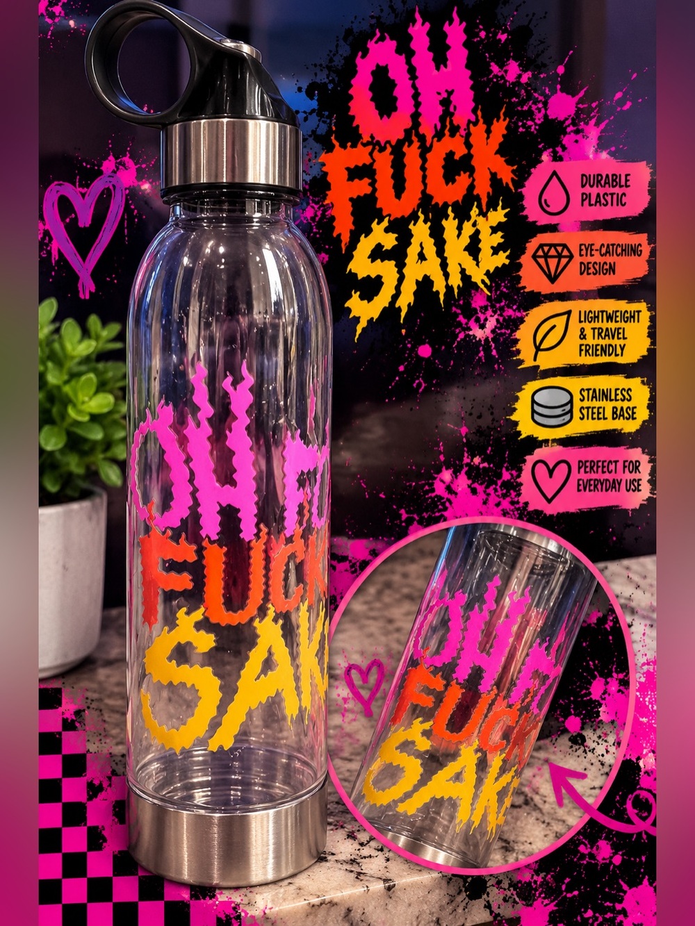 Mainstays Clear Plastic Water Bottle with Pink, Orange, Yellow Graphic